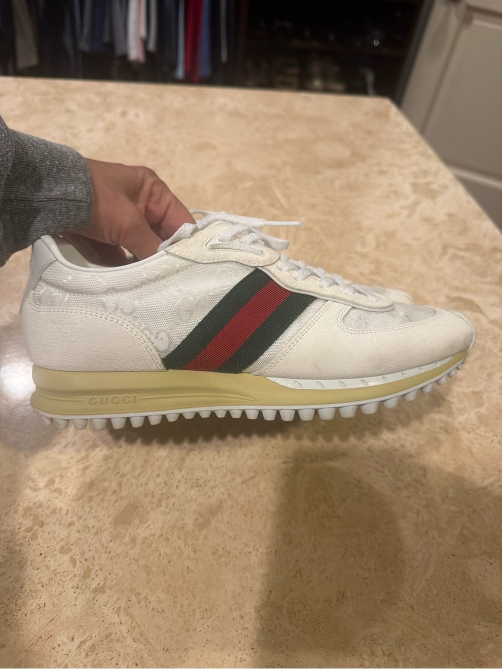 Gucci White Runner Sneakers with Green and Red Web Stripe